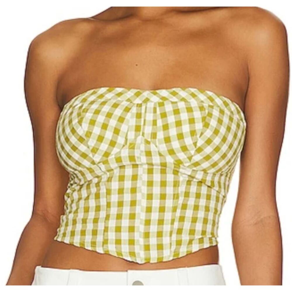 Free People Leilani Gingham Tube Top Green White Strapless Bustier Size Large